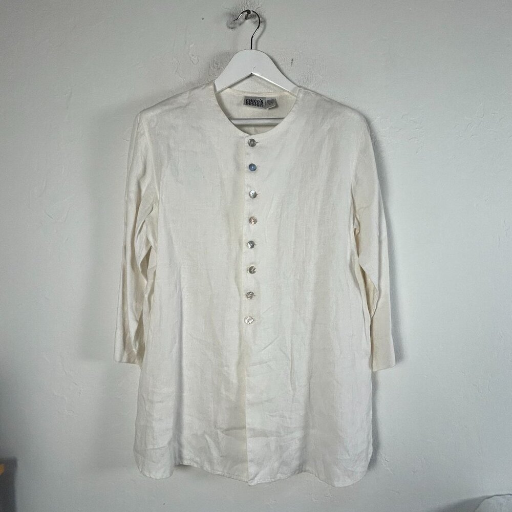 Chico's Design Womens White Linen Button-Up Tunic Top Size 2 Lightweight Casual